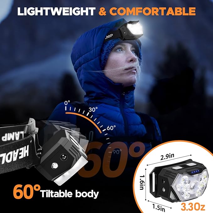 9 LED Headlamp Rechargeable 1 Pack, 2000 Lumens Super Bright Head Lamp with Red Light, 10 Modes