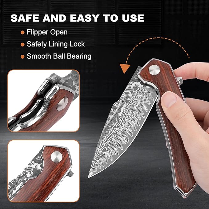 AUBEY Damascus Pocket Knife with Clip, Damascus Steel Blade Folding Knives with Ball Bearing, EDC