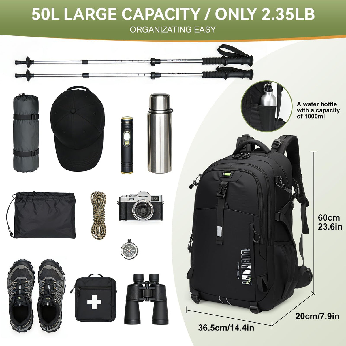 Super Eager Hiking Backpack - 50L, Waterproof, Black - product view 2