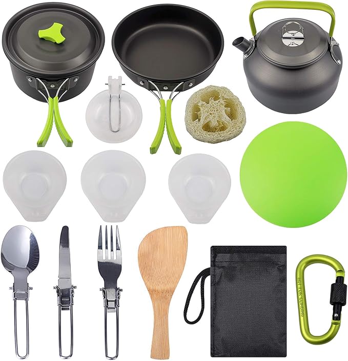 Peidesi Camping Cookware Mess Kit, Portable Camp Stove Pots and Pans Set, Carabiner, Folding Knife