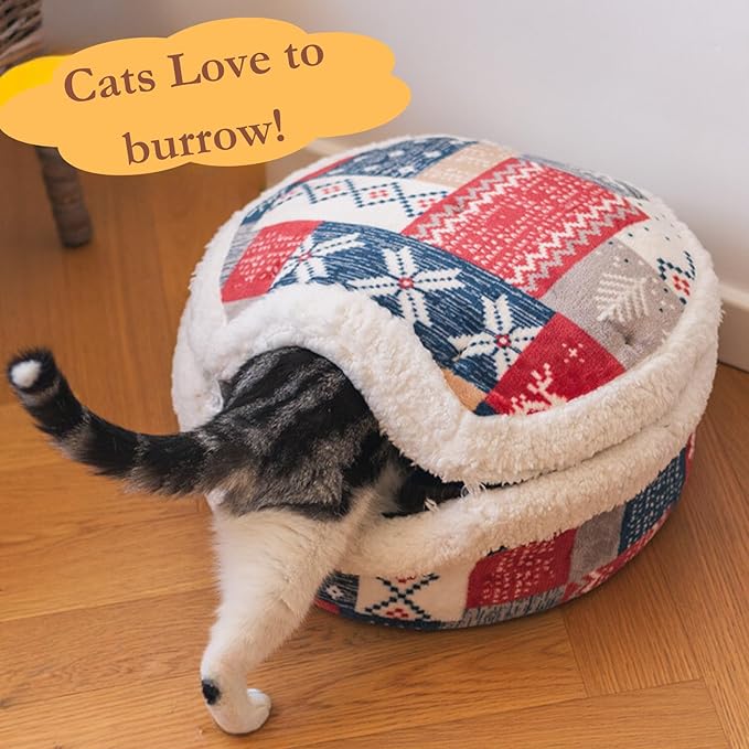Cat Cave Bed ??Plush, Warm & Calming Hideaway with Detachable Lid & Mat, Covered House for Indoor