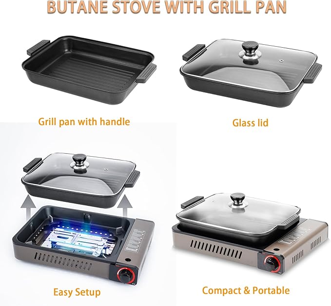 ONLYFIRE Butane Stove with Grill Pan, Portable Stove with Small Griddle & Lid, Camping Stove