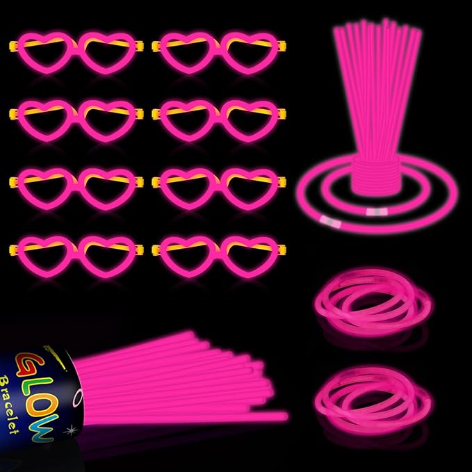 60 Pack 8??Pink Glow Sticks Bulk Bright Glow Sticks with 60 Connectors 20 Heart Glasses Glow In The
