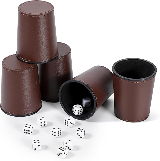 5X Dice Cup Set, PU Leather Dice Shaker Cups with 30 Dices for Bar Party Yahtzee Farkle Dice Games