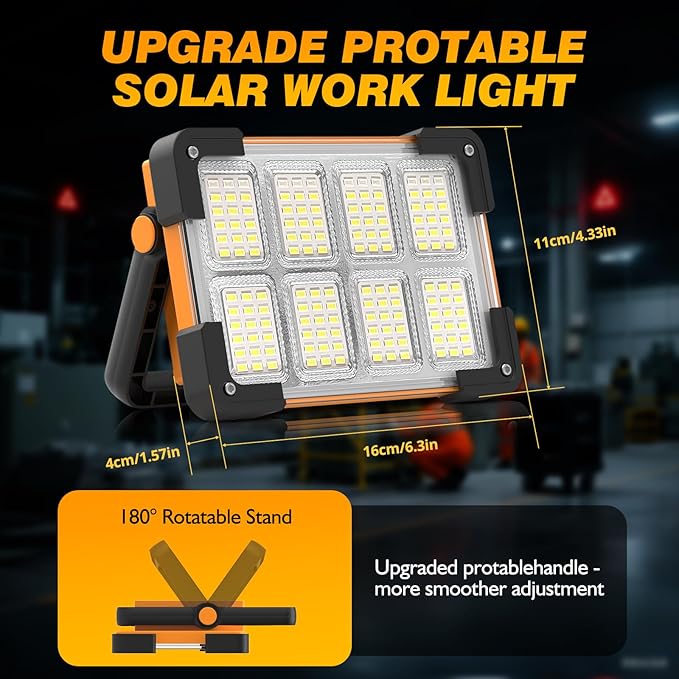 120W Solar Rechargeable Work Light, 144 LED 10000LM Led Work Light with 4 Modes, Portable Flood