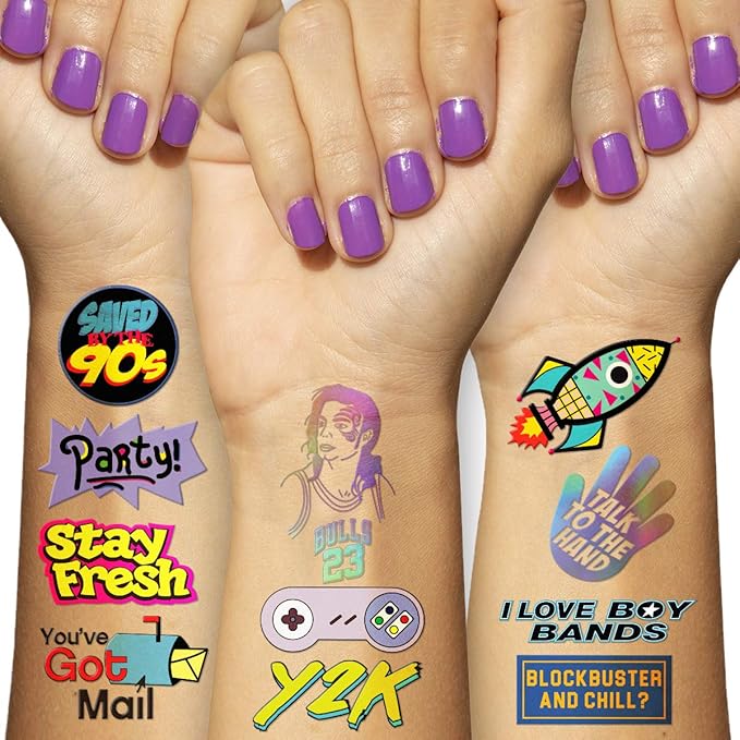 Throwback 90s Theme Temporary Tattoos (5 Pages) - Funny 1990's Theme Party Decoration, Favors &