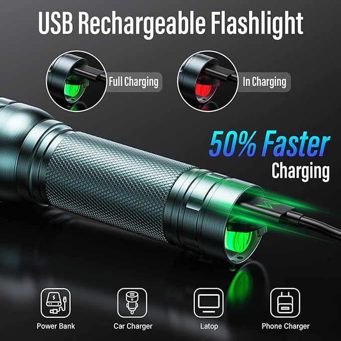 Rechargeable Flashlights High Lumens, G1000 Super Bright Flash Light Grey, Small Zoomable LED