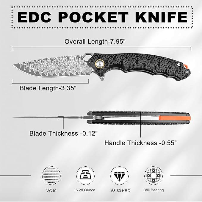 Damascus Pocket Knife for Men Women, 3.35" VG10 Core Damascus Steel Blade Folding Knives with Black