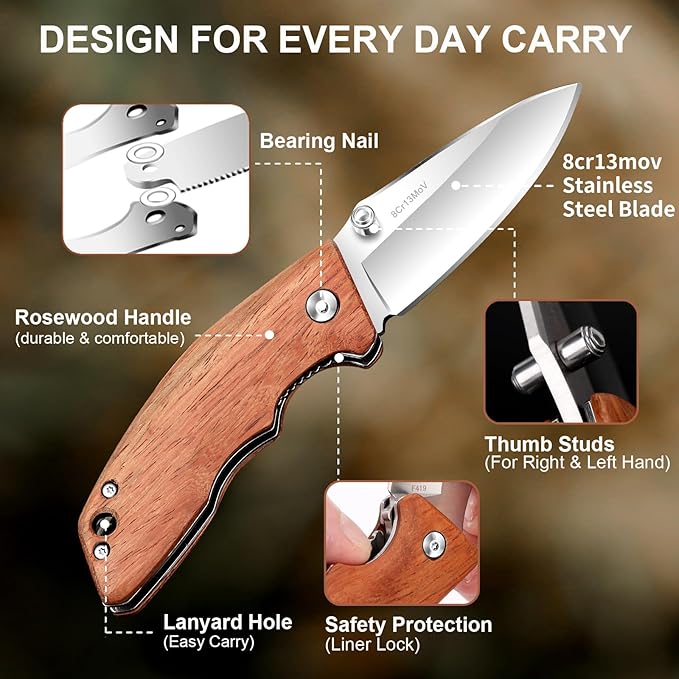 Vickay Pocket Knife, Folding Knife, 2.75" 8Cr13MoV Steel Blade, Wood Handle EDC Knife for Men &
