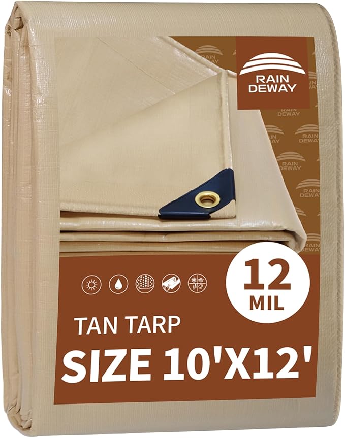 RAINDEWAY 10x12 Feet Heavy Duty Tarp,12 Mil Tan Waterproof Poly Tarp Cover,UV