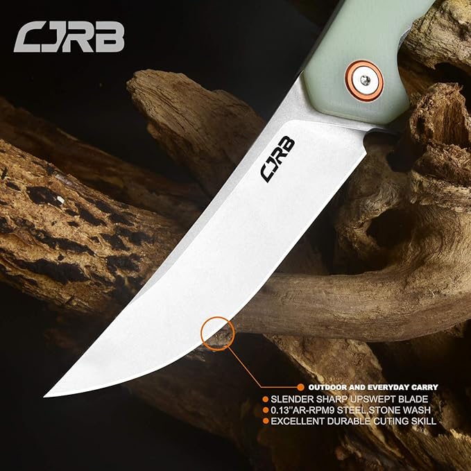 CJRB Small Folding Pocket Knife with Stonewash AR-RPM9 Powder Steel Blade and G10 Handle Tactical