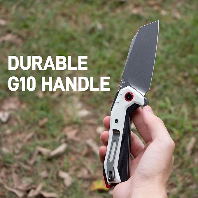 CJRB Tigris Pocket Knife, Folding Knife with AR-RPM9 Powder Steel Stonewash Blade Black & White G10