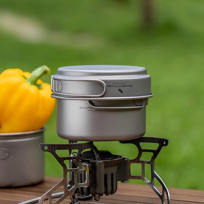 iBasingo Titanium Pot Pan Set with Folding Handle - Ultralight Portable Outdoor Cookware Mess Kit