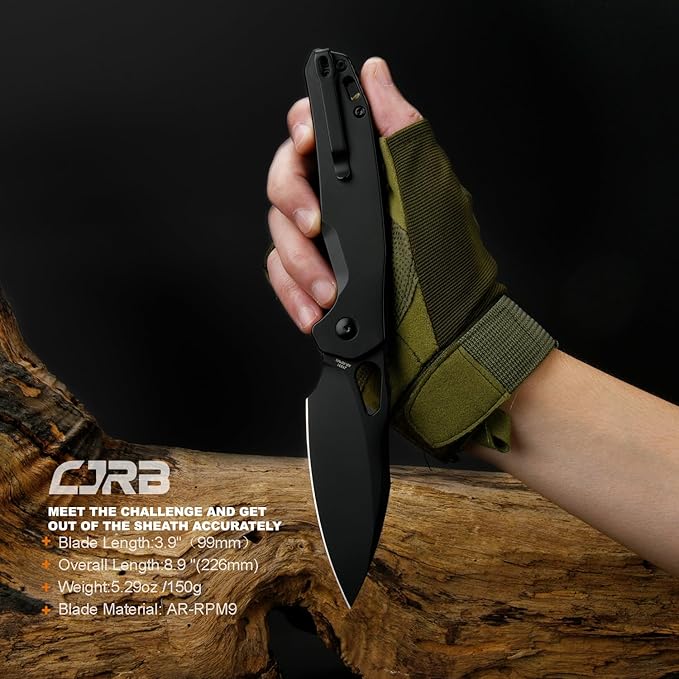 CJRB Frack Pocket Knife, 3.9" AR-RPM9 Steel Blade PVD Coating Steel Handle EDC Knife, Button Lock