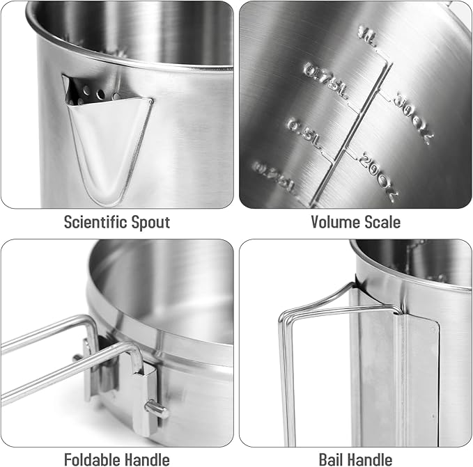 Lixada Camping Pot Stainless Steel Lightweight Kettle Bottle Cup or Pot with Foldable Handle and