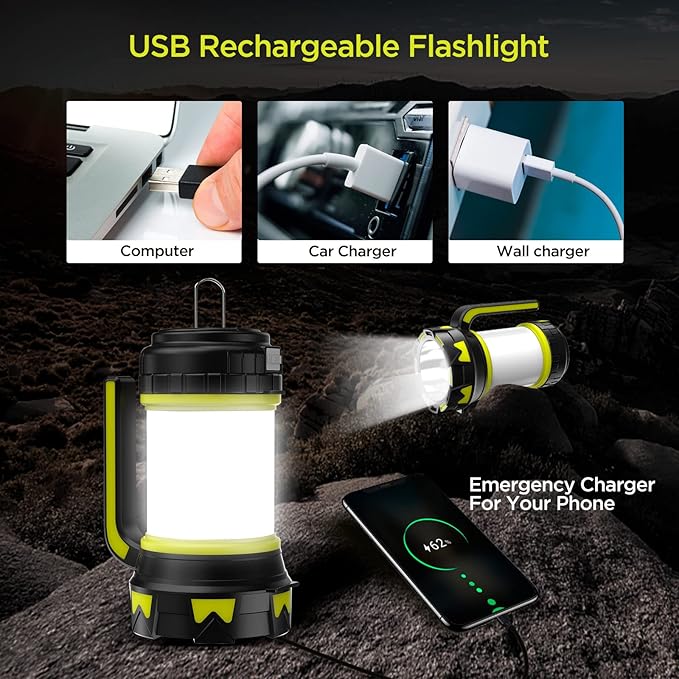 Rechargeable Flashlights Camping Lantern,6 Modes LED Bright Flashlight 3000mAh Battery, IPX4