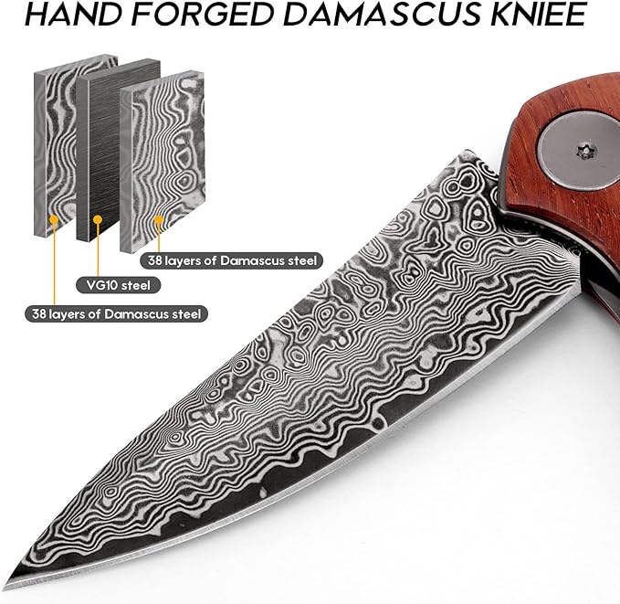 Benkey Damascus Folding Knife with Clip Leather Sheath Camping Knife EDC, Sharp Damascus Pocket