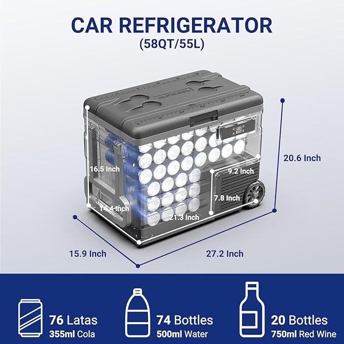 BODEGACOOLER 12 Volt Car Refrigerator,58QT(55L) Car Fridge with Wheels,RV Portable Freezer Single
