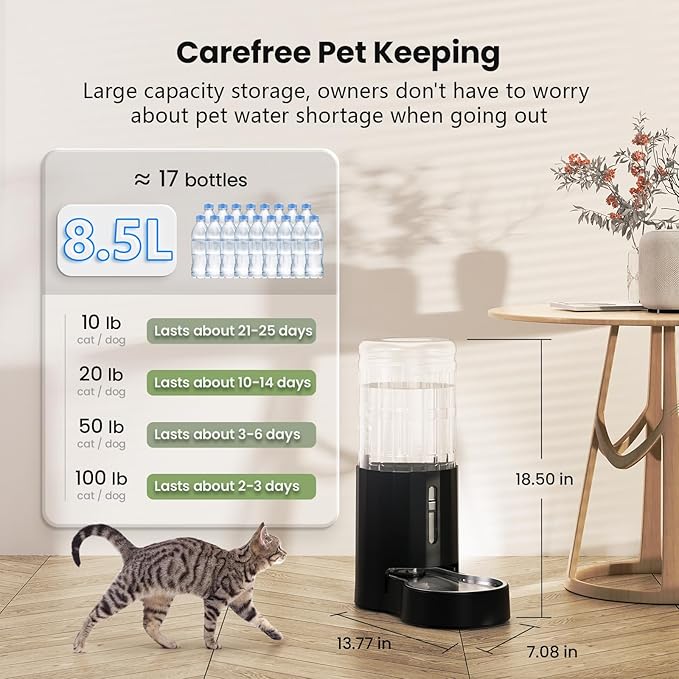 CZPET Automatic Dog and Cat Water Dispenser with Stainless Steel Bowl Gravity Waterer,100%
