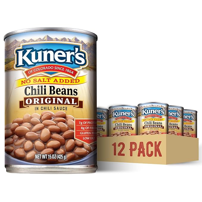 Kuner's No Salt Added Canned Chili Beans, Plant Protein and Fiber, Gluten Free, Vegan, Fat Free, 12