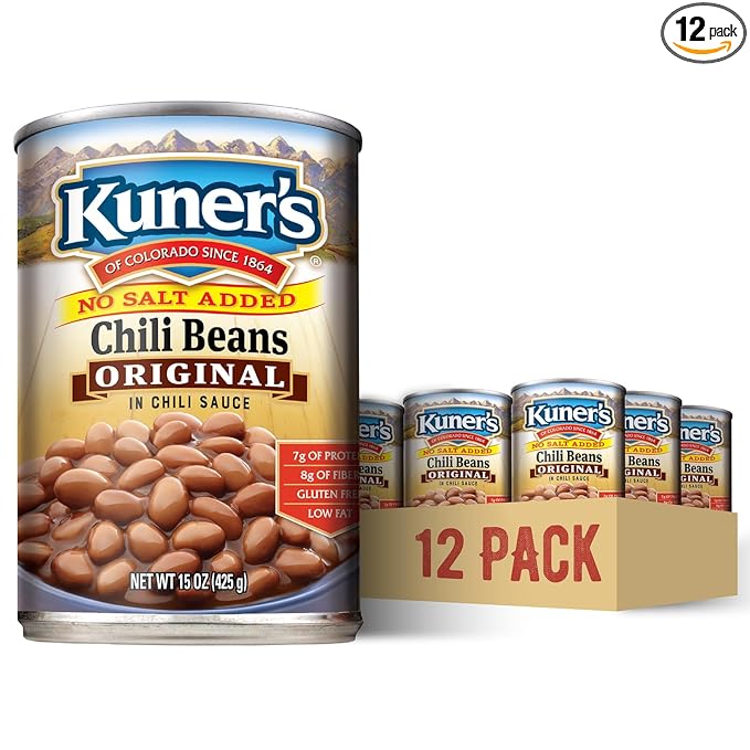 Kuner's No Salt Added Canned Chili Beans, Plant Protein and Fiber, Gluten Free, Vegan, Fat Free, 12
