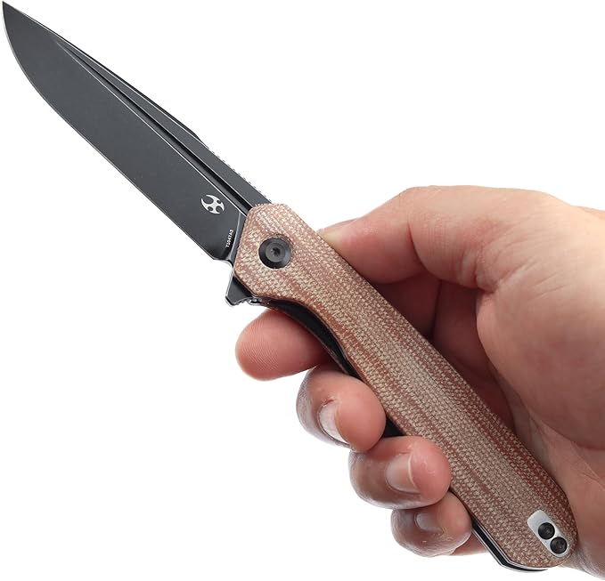 KANSEPT Qilin Pocket Knife, 3.24'' Blackwash 154CM Sharp Blade, Brown Micarta Handle for Edc