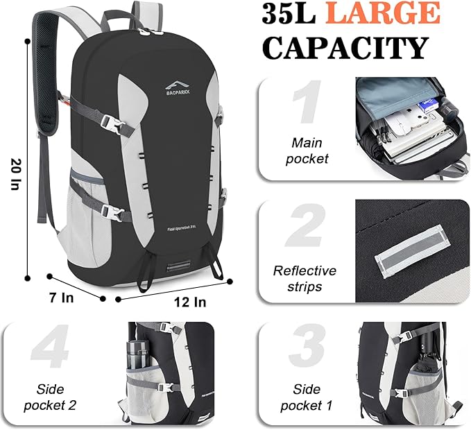 Hiking Backpack,Large 35L Travel Backpacks for Men Women,Water Resistant Ultra Lightweight Foldable