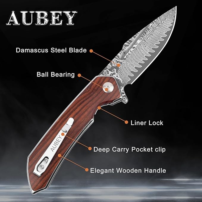 AUBEY Damascus Pocket Knife with Clip, Damascus Steel Blade Folding Knives with Ball Bearing, EDC