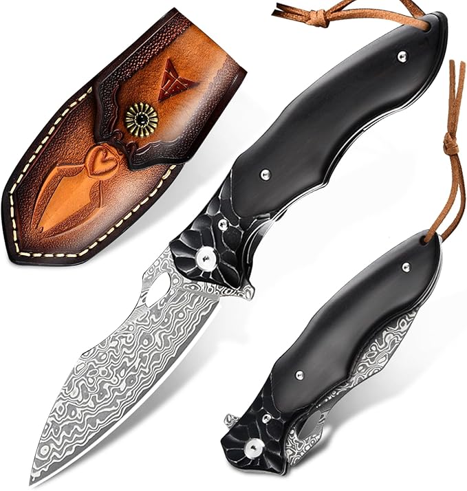 Pocket Knife for Men, Hunting knife with sheath, Damascus Steel Folding knife with Ebony Wood