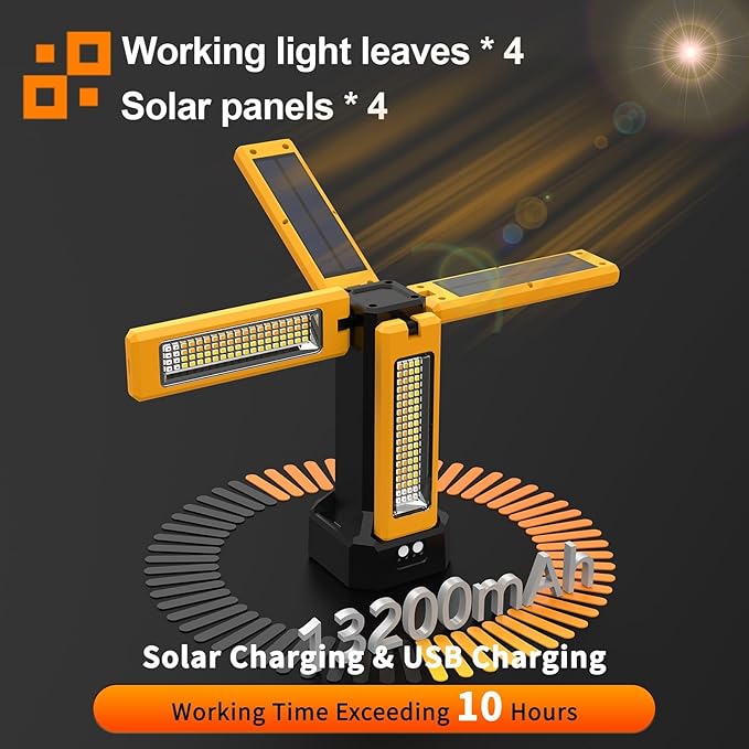 13200mAh Rechargeable Solar Work Light, IPX4 Waterproof with Folding Stand Support and Portable