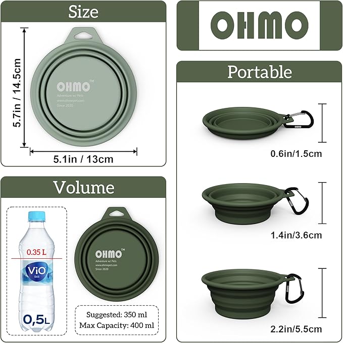 OHMO Collapsible Dog Bowl(2 Pack, Camo&Light Green 12oz/400ml) Premium Silicone Pet Water Bowls for