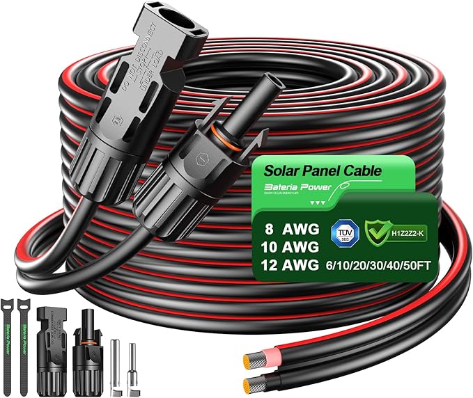 Bateria Power 10 Feet 10AWG Solar Panel Extension Cable, 6mm² Twin Wire Conductor Parallel Solar