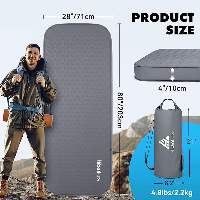 Hikenture 4" Thick Self Inflating Sleeping Pad, Foam & Air Camping Mattress, 9.5 R-Value Insulated