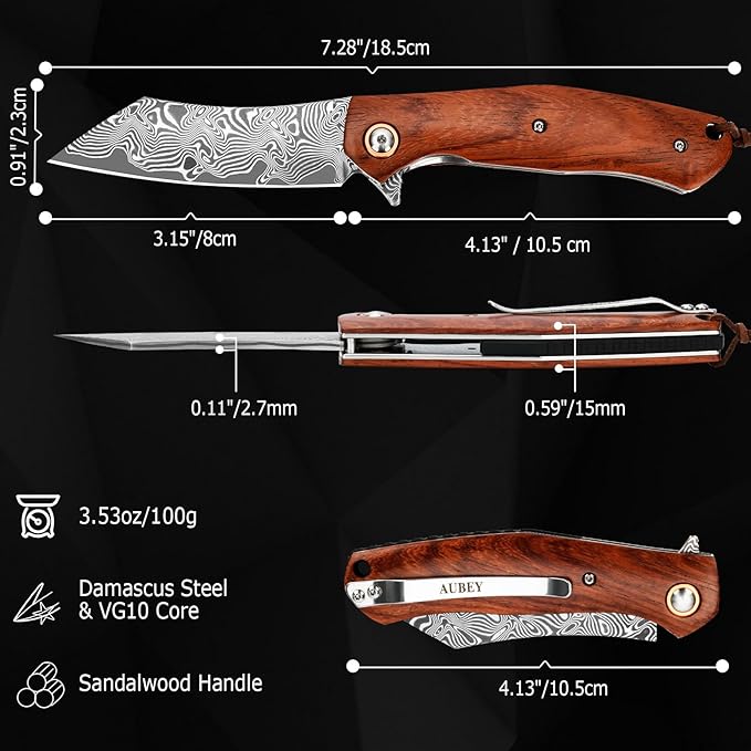 AUBEY Pocket Knife for EDC, 3.15" VG10 Core Damascus Steel Blade Folding Knife with Wood Handle