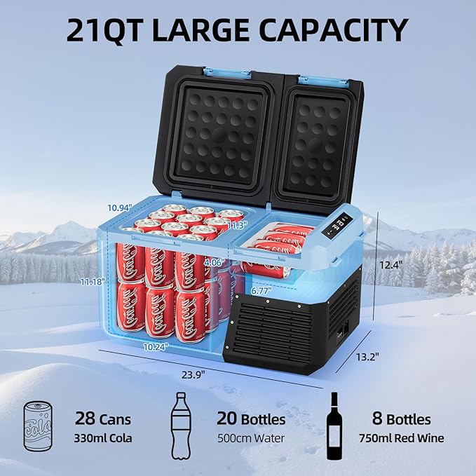25L Car Refrigerator Freezer, 27QT Dual Zone Portable Compressor Cooler with Reversible Door