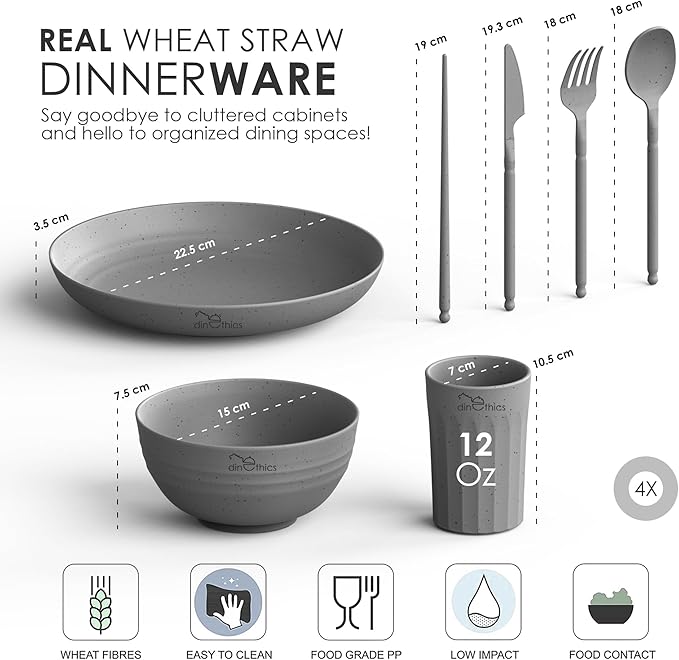 Wheatstraw Dinnerware Set For 4 - Dishwasher Microwave Plates For Heating Food - Unbreakable Wheat