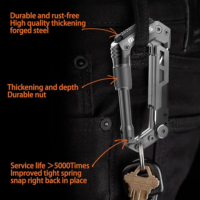 Carabiner Multitool with Pocket Knives, 8-in-1 EDC Carabiners, Serrated Knife, Rope Cutter