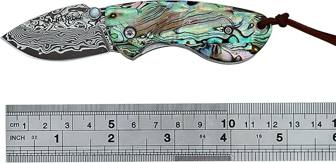 ALBATROSS Mini Pocket Knife - 4.75" Modern Damascus Steel Folding Knife with Abalone Seashell