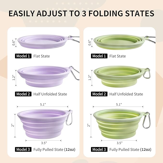 Collapsible Dog Bowls 2-Pack, Portable Travel Dog Bowl with Carabiner, Food-Grade Silicone Pet Bowl