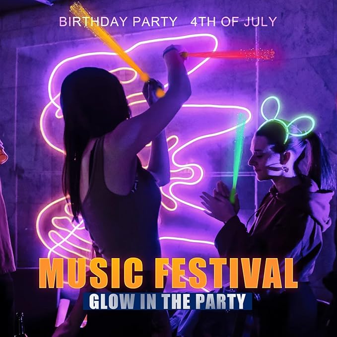 12Pack Orange Glow Sticks Light Up Fiber Optic Stick Glow Wands Bulk with 3 Flashing Models for