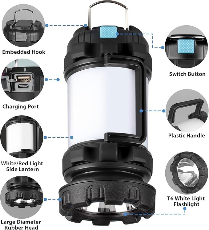 2 Pack Camping Lantern, Outdoor LED Camping Light, Rechargeable Flashlights with 1000LM, 6 Modes