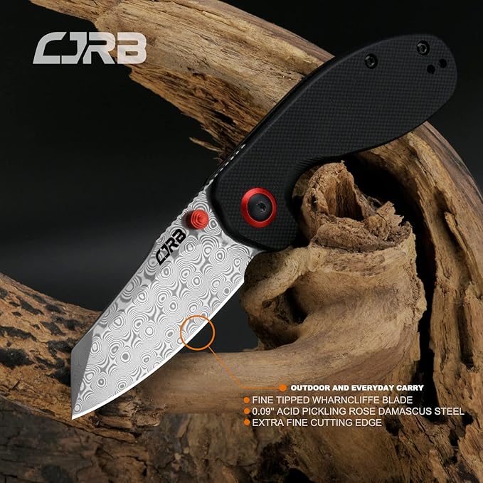 CJRB Maileah pocket knife, folding knife with 2.39'' Damascus Steel Blade, Black G10 Handle EDC