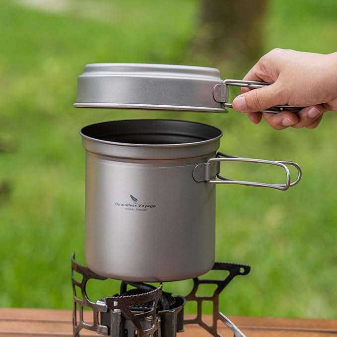 iBasingo Titanium Pot Pan Set with Folding Handle - Ultralight Portable Outdoor Cookware Mess Kit