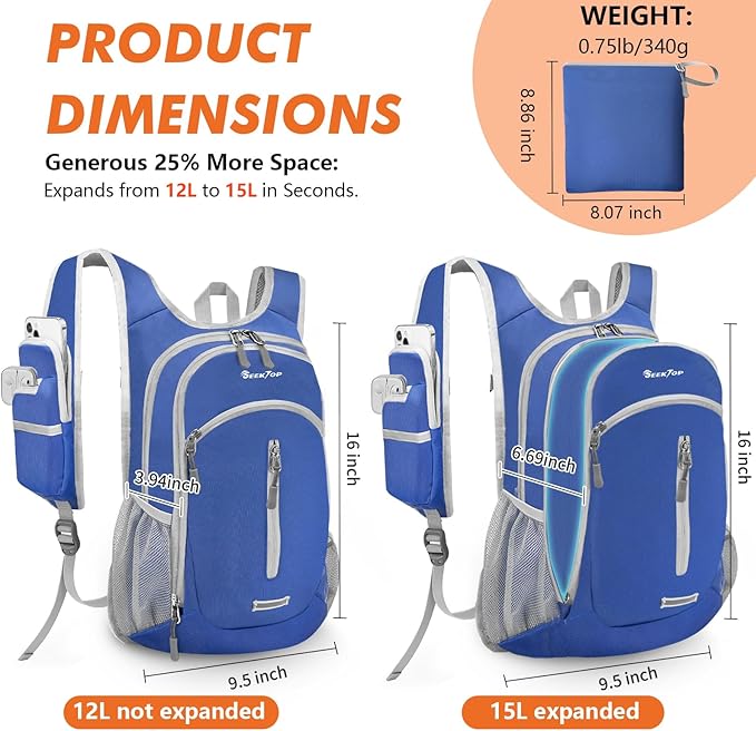 Seektop Small Hiking Backpack 12L to 15L Expandable Travel Packable Waterproof Daypack Lightweight