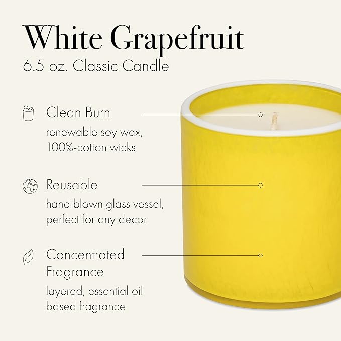 LAFCO New York Classic Candle, White Grapefruit - 6.5 oz - 50-Hour Burn Time - Reusable, Hand Blown