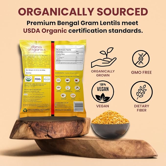 Darsa Organics Chana Dal 2 lb ??USDA Organic Split Bengal Gram (Yellow Chickpeas), Non-GMO