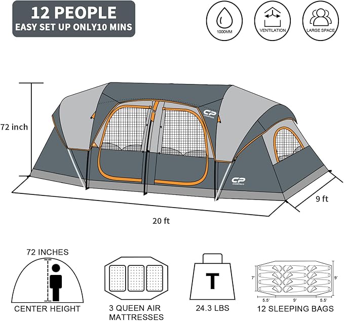 CAMPROS CP Tent 12-Person-Camping-Tents,3 Room Family Tents,Waterproof Windproof Family Tent with