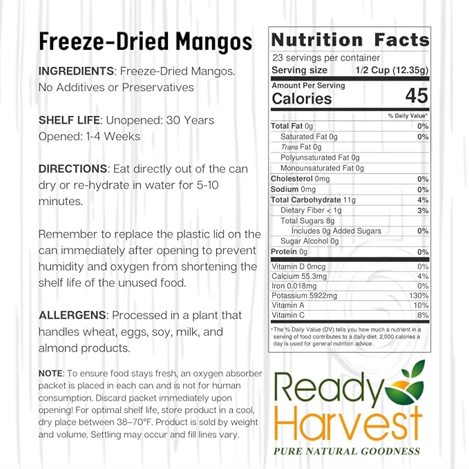 Ready Harvest Freeze Dried Food - Mango | Emergency Snacks | Fruit for Camping & Survival | #10 Can