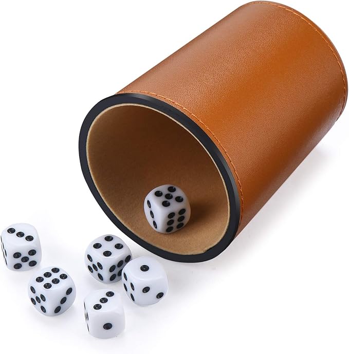 Leather Dice Cup Set, 5 Black Dice Cups + 25 Dices + Exclusive Storage and Transport Case Made of