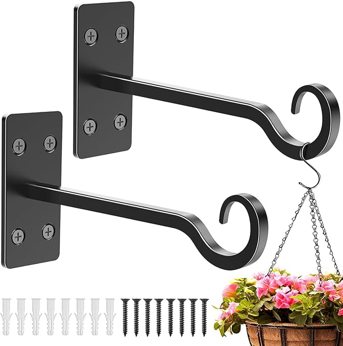 Heavy Duty Plant Hangers Outdoor- Hand-Forged Hanging Plant Brackets - 2 Pack 12 Inch Black Wrought